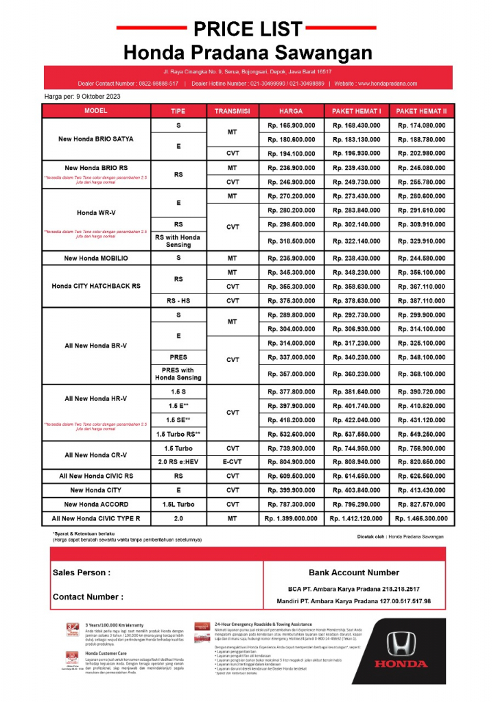 Price List Mobil Honda Jabodetabek terbaru November 2023